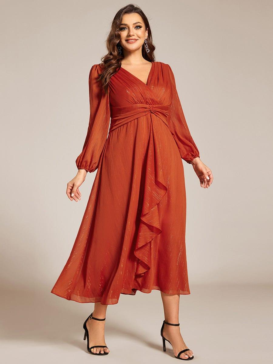 Chic Plus Size Long Sleeves A-Line V-Neck Evening Dress Tea-Length