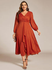 Chic Plus Size Long Sleeves A-Line V-Neck Evening Dress Tea-Length