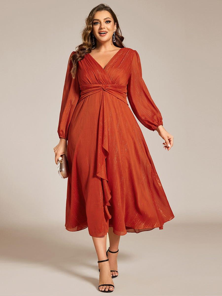 Chic Plus Size Long Sleeves A-Line V-Neck Evening Dress Tea-Length