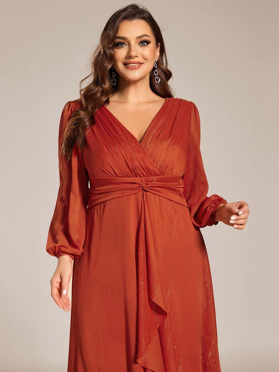 Chic Plus Size Long Sleeves A-Line V-Neck Evening Dress Tea-Length
