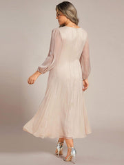 Chic Plus Size Long Sleeves A-Line V-Neck Evening Dress Tea-Length