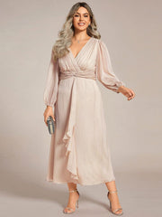 Chic Plus Size Long Sleeves A-Line V-Neck Evening Dress Tea-Length