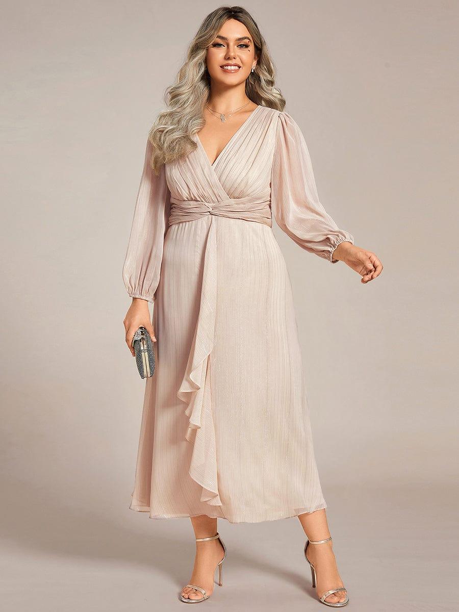 Chic Plus Size Long Sleeves A-Line V-Neck Evening Dress Tea-Length