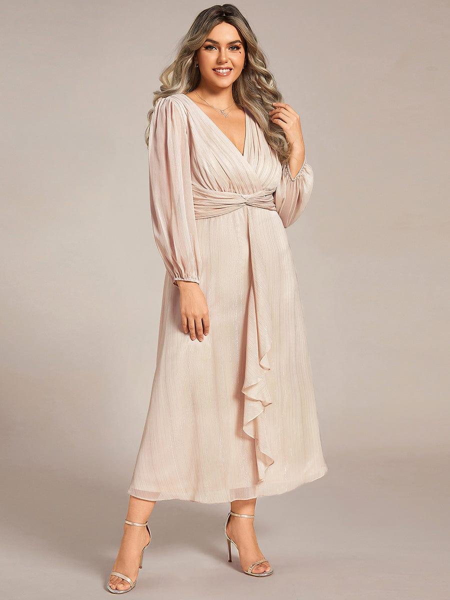 Chic Plus Size Long Sleeves A-Line V-Neck Evening Dress Tea-Length