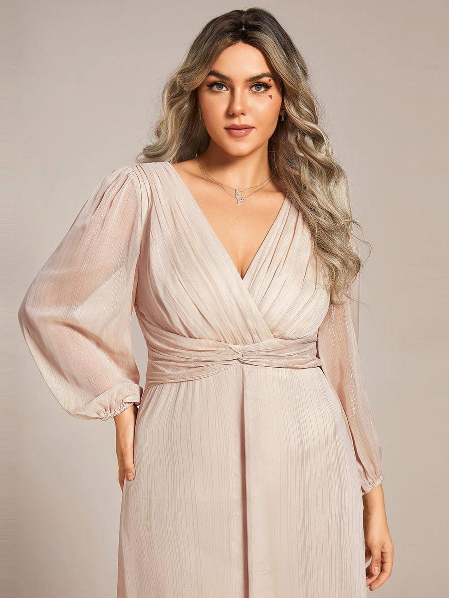 Chic Plus Size Long Sleeves A-Line V-Neck Evening Dress Tea-Length