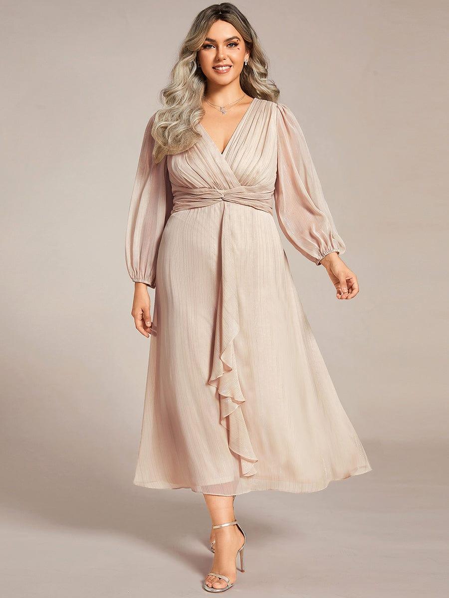 Chic Plus Size Long Sleeves A-Line V-Neck Evening Dress Tea-Length