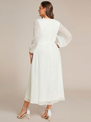 Chic Plus Size Long Sleeves A-Line V-Neck Evening Dress Tea-Length