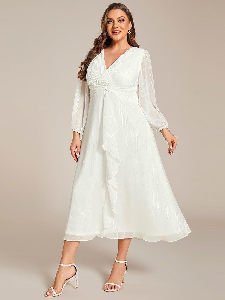 Chic Plus Size Long Sleeves A-Line V-Neck Evening Dress Tea-Length