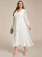 Chic Plus Size Long Sleeves A-Line V-Neck Evening Dress Tea-Length