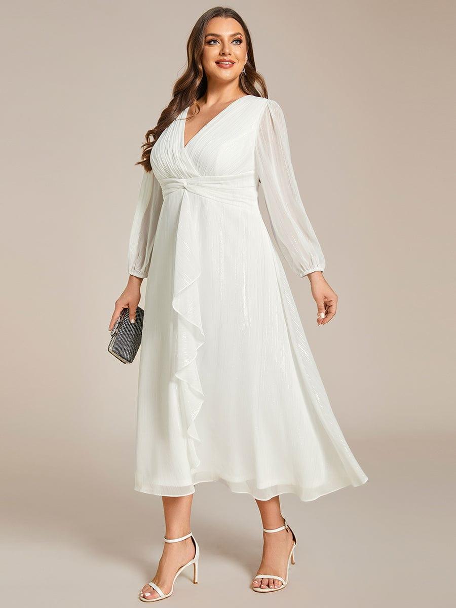 Chic Plus Size Long Sleeves A-Line V-Neck Evening Dress Tea-Length