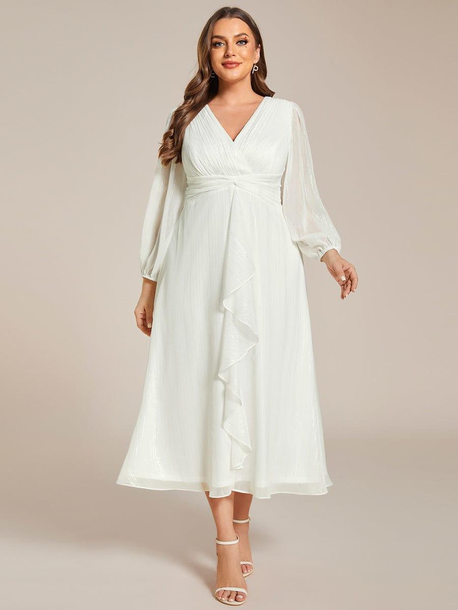 Chic Plus Size Long Sleeves A-Line V-Neck Evening Dress Tea-Length