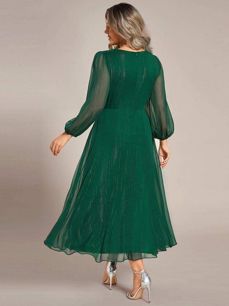 Chic Plus Size Long Sleeves A-Line V-Neck Evening Dress Tea-Length