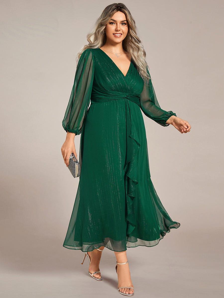Chic Plus Size Long Sleeves A-Line V-Neck Evening Dress Tea-Length