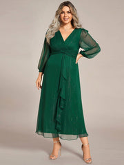 Chic Plus Size Long Sleeves A-Line V-Neck Evening Dress Tea-Length