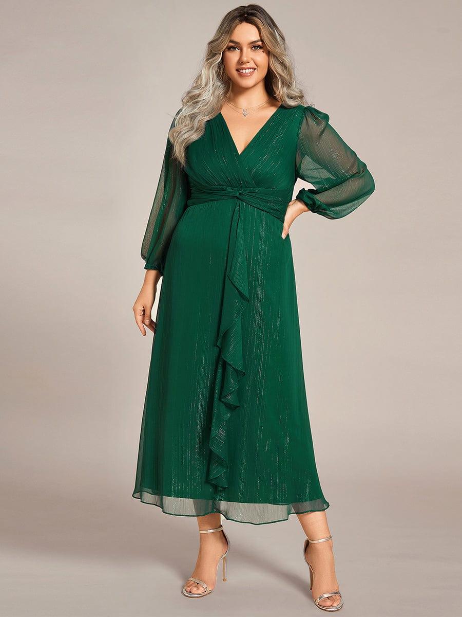 Chic Plus Size Long Sleeves A-Line V-Neck Evening Dress Tea-Length