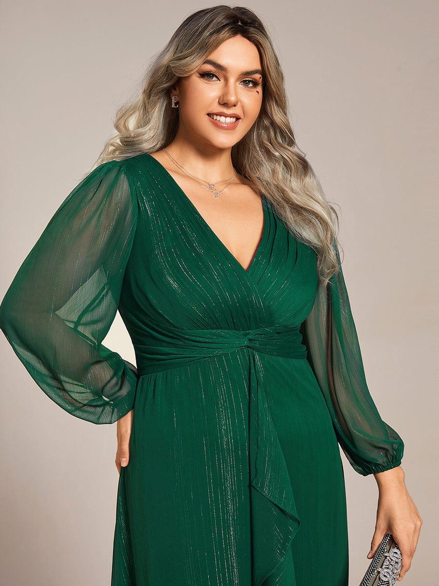 Chic Plus Size Long Sleeves A-Line V-Neck Evening Dress Tea-Length