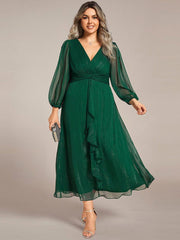 Chic Plus Size Long Sleeves A-Line V-Neck Evening Dress Tea-Length
