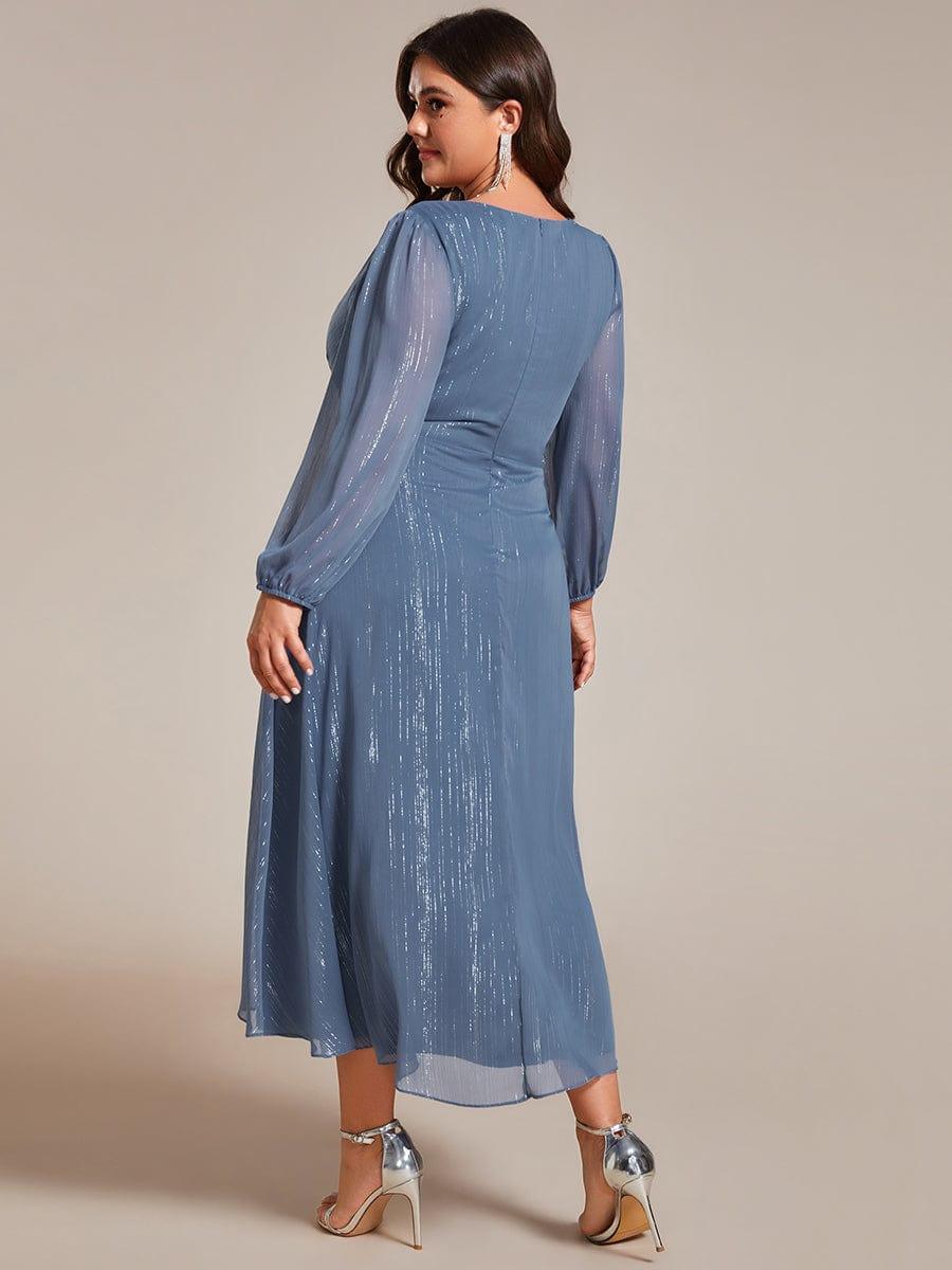 Chic Plus Size Long Sleeves A-Line V-Neck Evening Dress Tea-Length