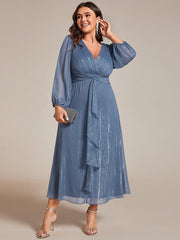 Chic Plus Size Long Sleeves A-Line V-Neck Evening Dress Tea-Length