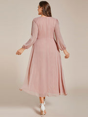 Chic Plus Size Long Sleeves A-Line V-Neck Evening Dress Tea-Length