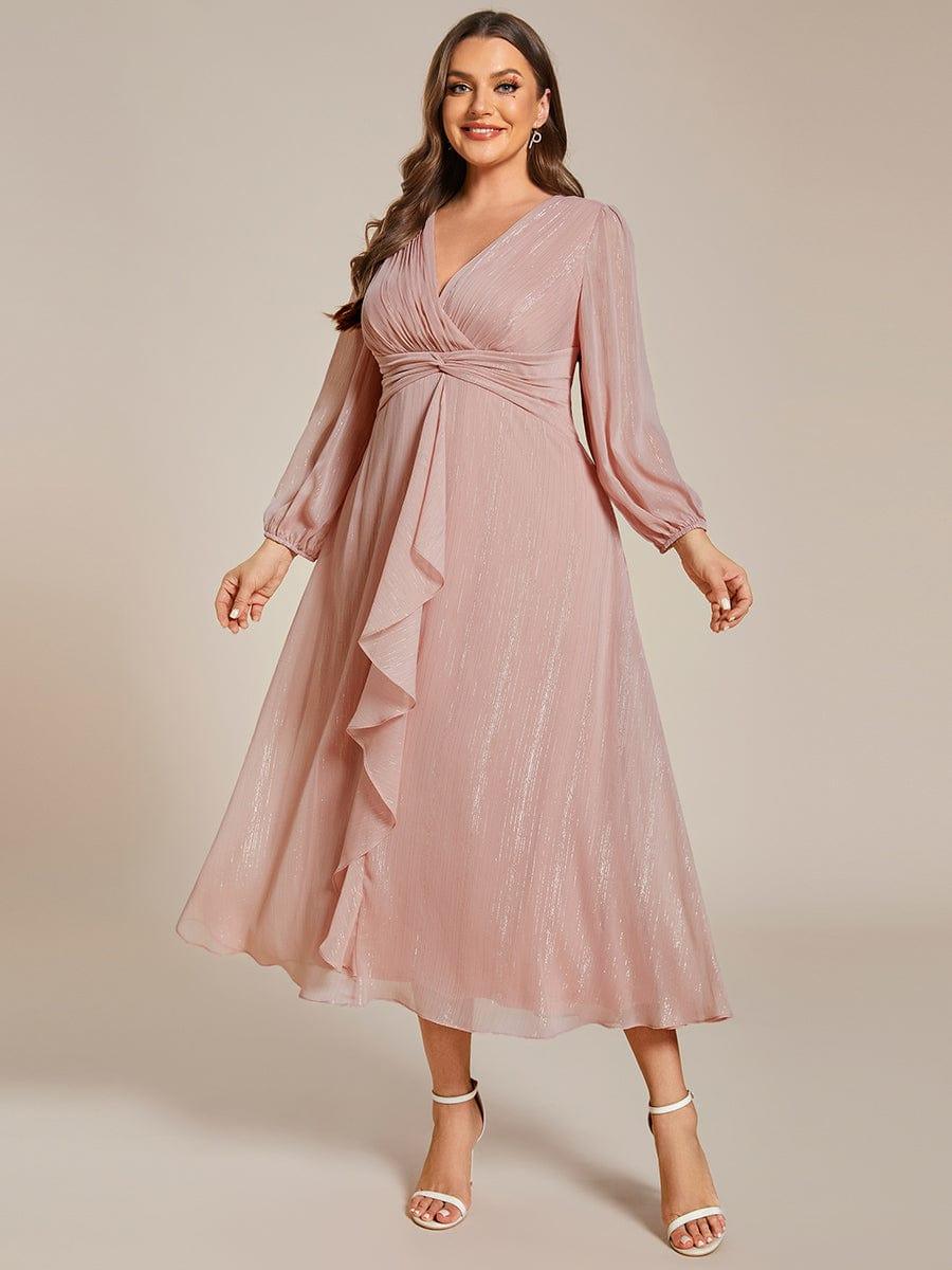 Chic Plus Size Long Sleeves A-Line V-Neck Evening Dress Tea-Length