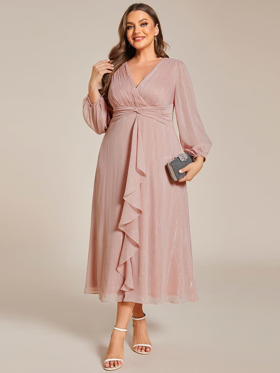 Chic Plus Size Long Sleeves A-Line V-Neck Evening Dress Tea-Length