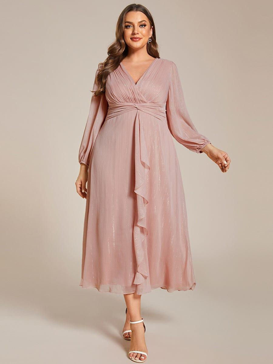 Chic Plus Size Long Sleeves A-Line V-Neck Evening Dress Tea-Length