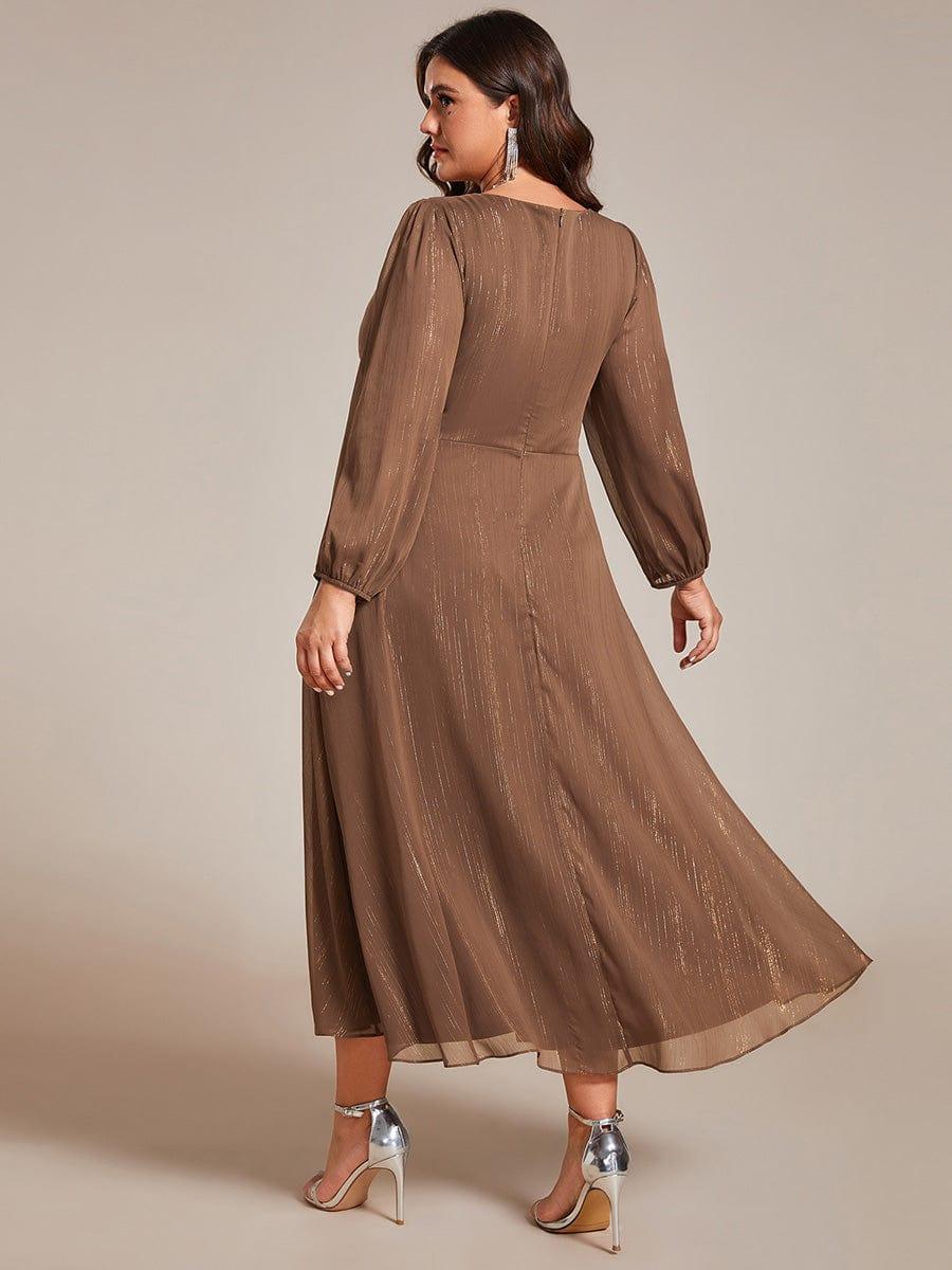 Chic Plus Size Long Sleeves A-Line V-Neck Evening Dress Tea-Length