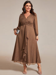 Chic Plus Size Long Sleeves A-Line V-Neck Evening Dress Tea-Length