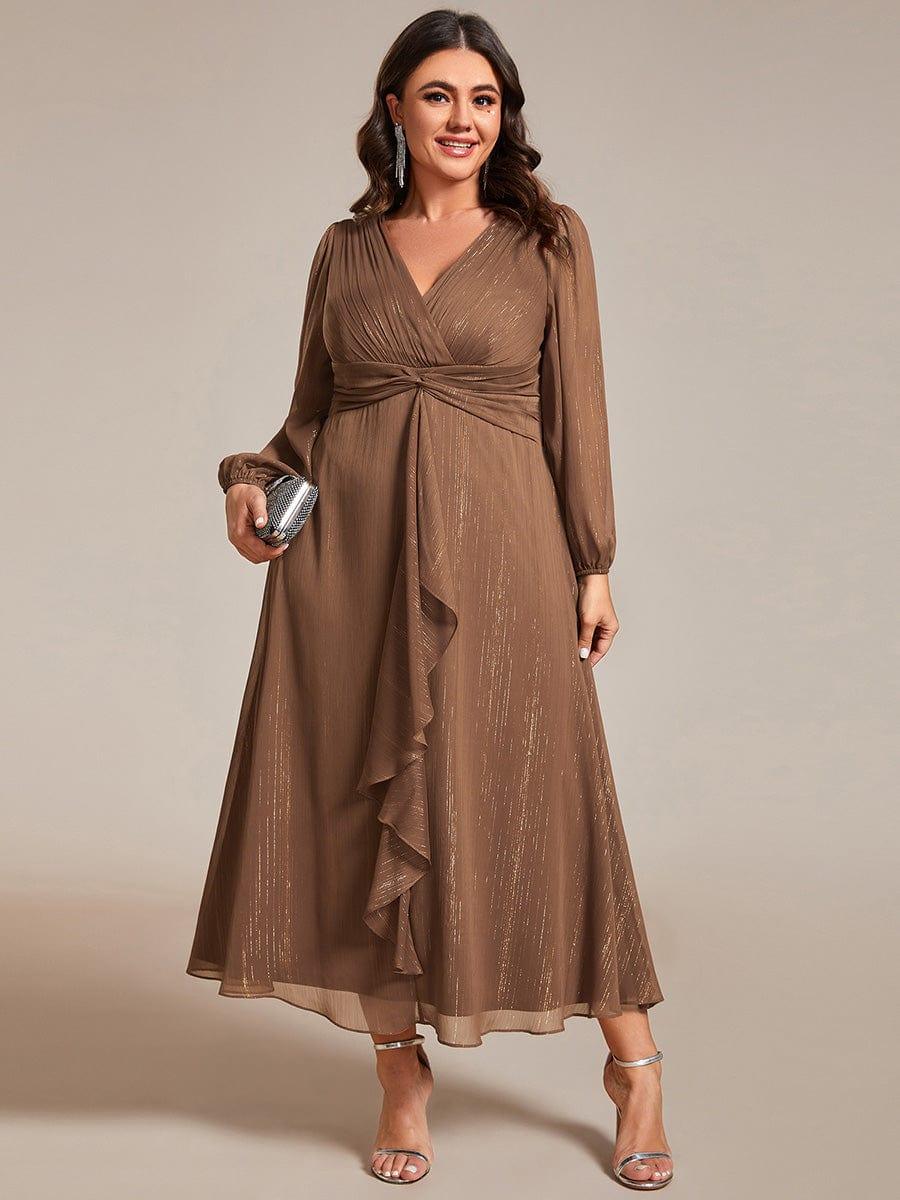 Chic Plus Size Long Sleeves A-Line V-Neck Evening Dress Tea-Length
