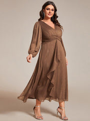 Chic Plus Size Long Sleeves A-Line V-Neck Evening Dress Tea-Length