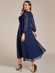 Chic Plus Size Long Sleeves A-Line V-Neck Evening Dress Tea-Length