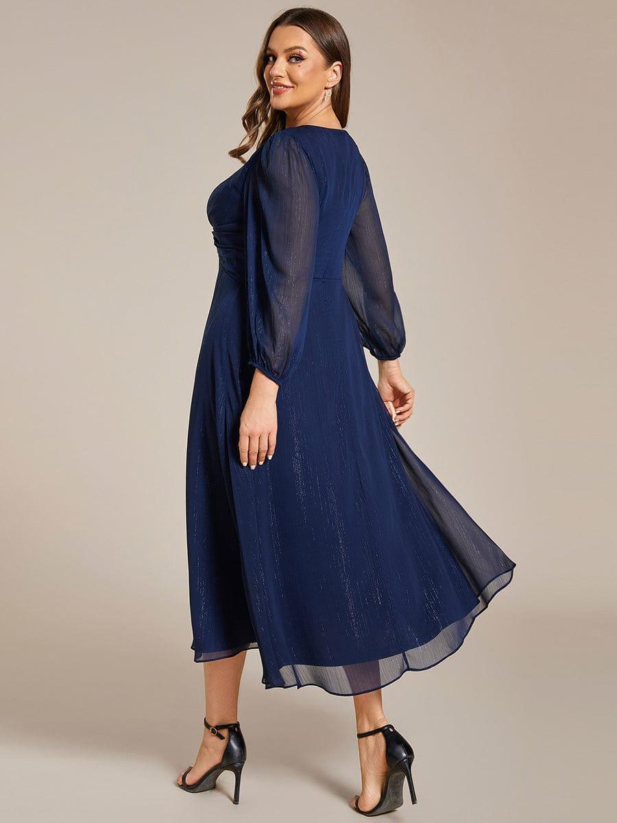 Chic Plus Size Long Sleeves A-Line V-Neck Evening Dress Tea-Length