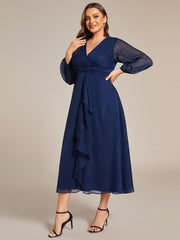 Chic Plus Size Long Sleeves A-Line V-Neck Evening Dress Tea-Length