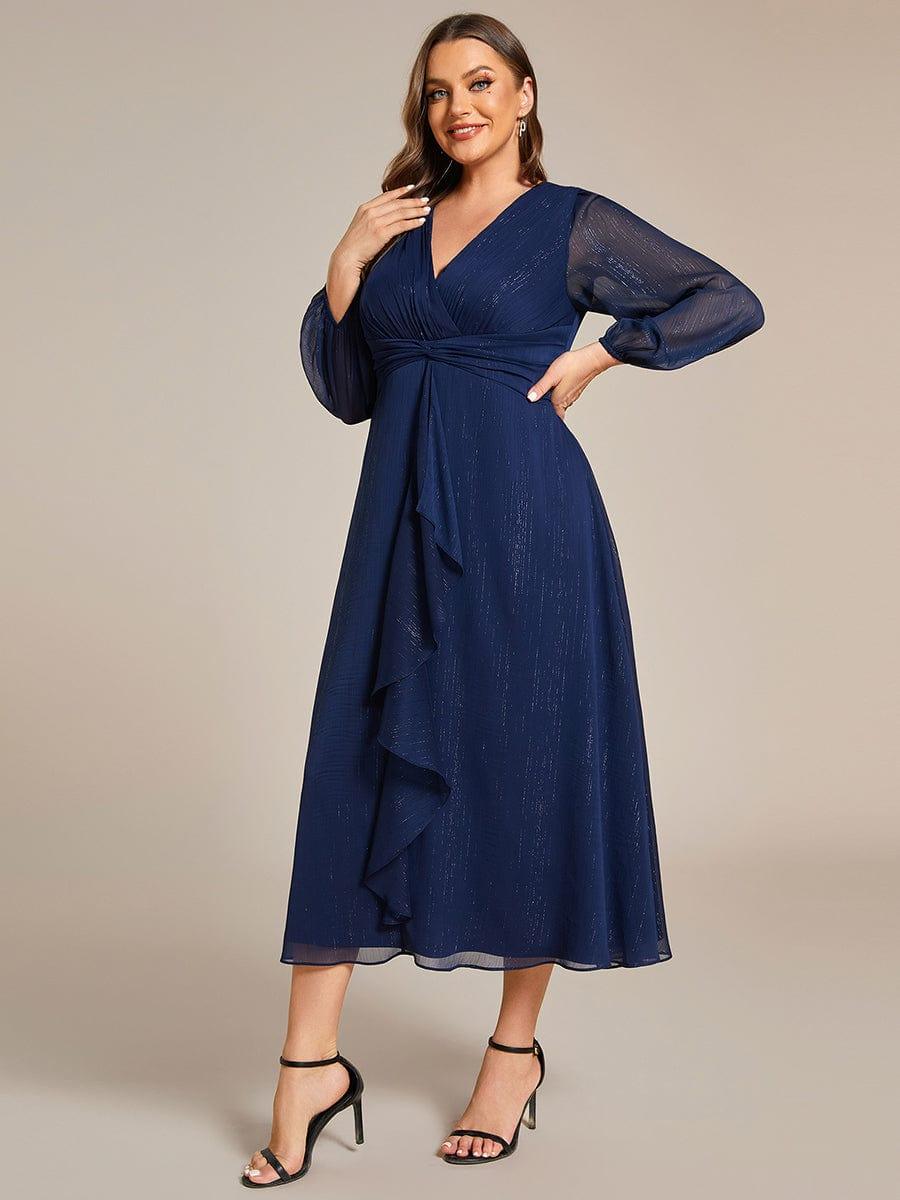 Chic Plus Size Long Sleeves A-Line V-Neck Evening Dress Tea-Length