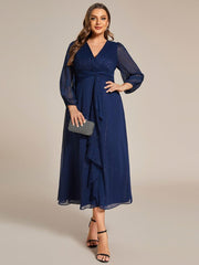 Chic Plus Size Long Sleeves A-Line V-Neck Evening Dress Tea-Length