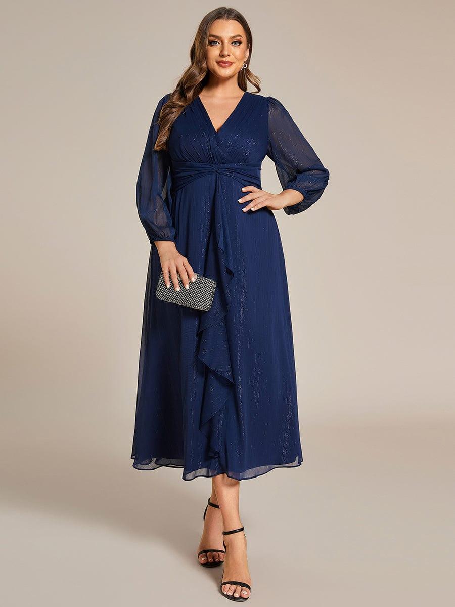 Chic Plus Size Long Sleeves A-Line V-Neck Evening Dress Tea-Length