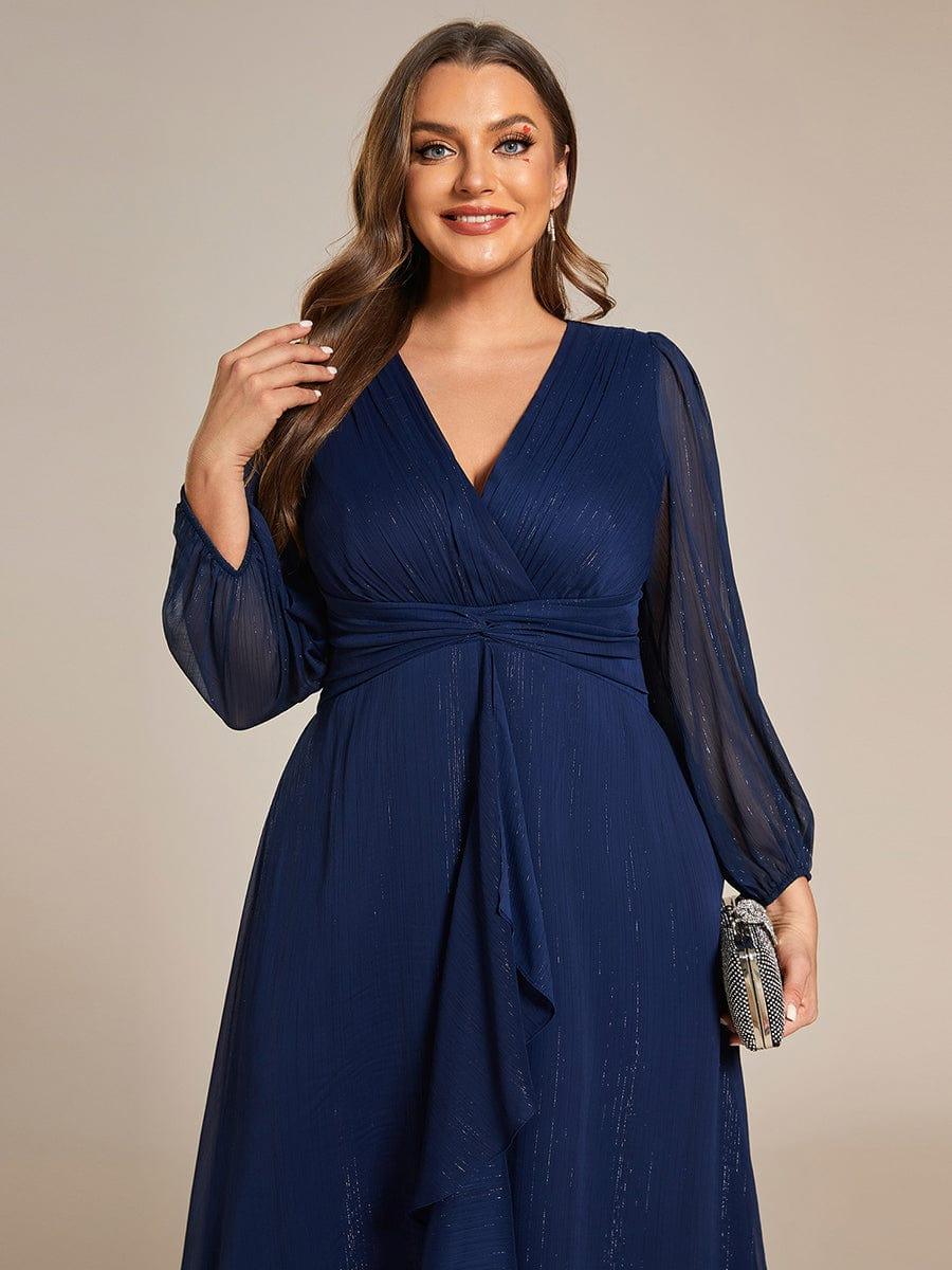 Chic Plus Size Long Sleeves A-Line V-Neck Evening Dress Tea-Length