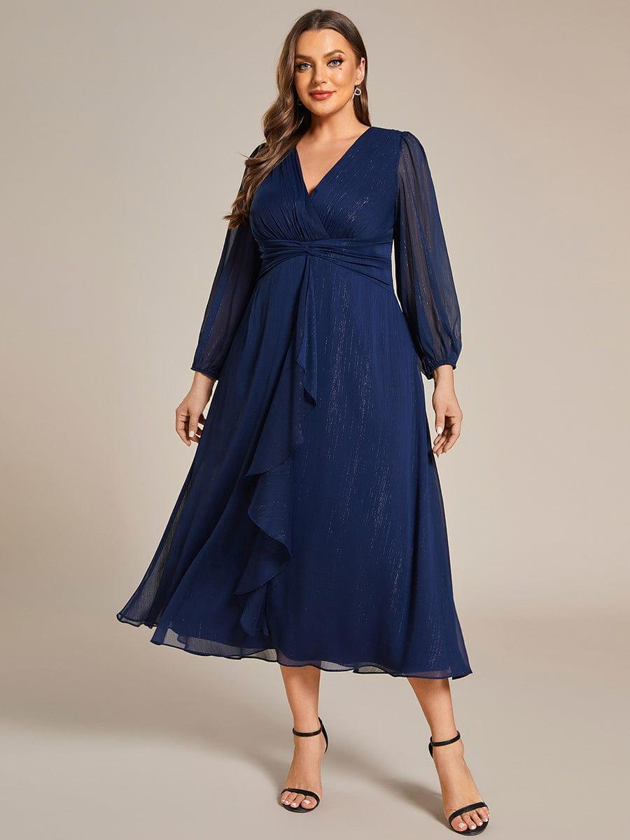 Chic Plus Size Long Sleeves A-Line V-Neck Evening Dress Tea-Length