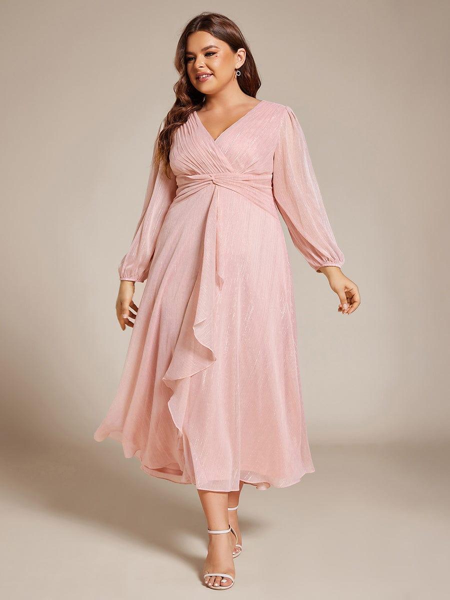Chic Plus Size Long Sleeves A-Line V-Neck Evening Dress Tea-Length