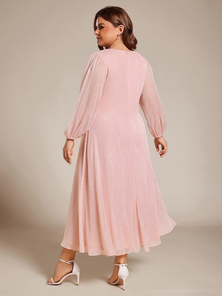 Chic Plus Size Long Sleeves A-Line V-Neck Evening Dress Tea-Length
