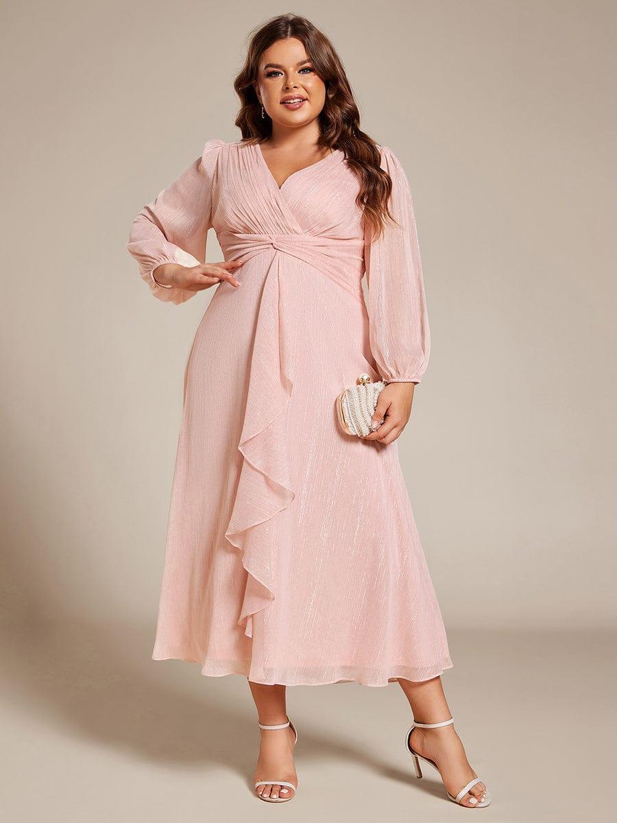 Chic Plus Size Long Sleeves A-Line V-Neck Evening Dress Tea-Length