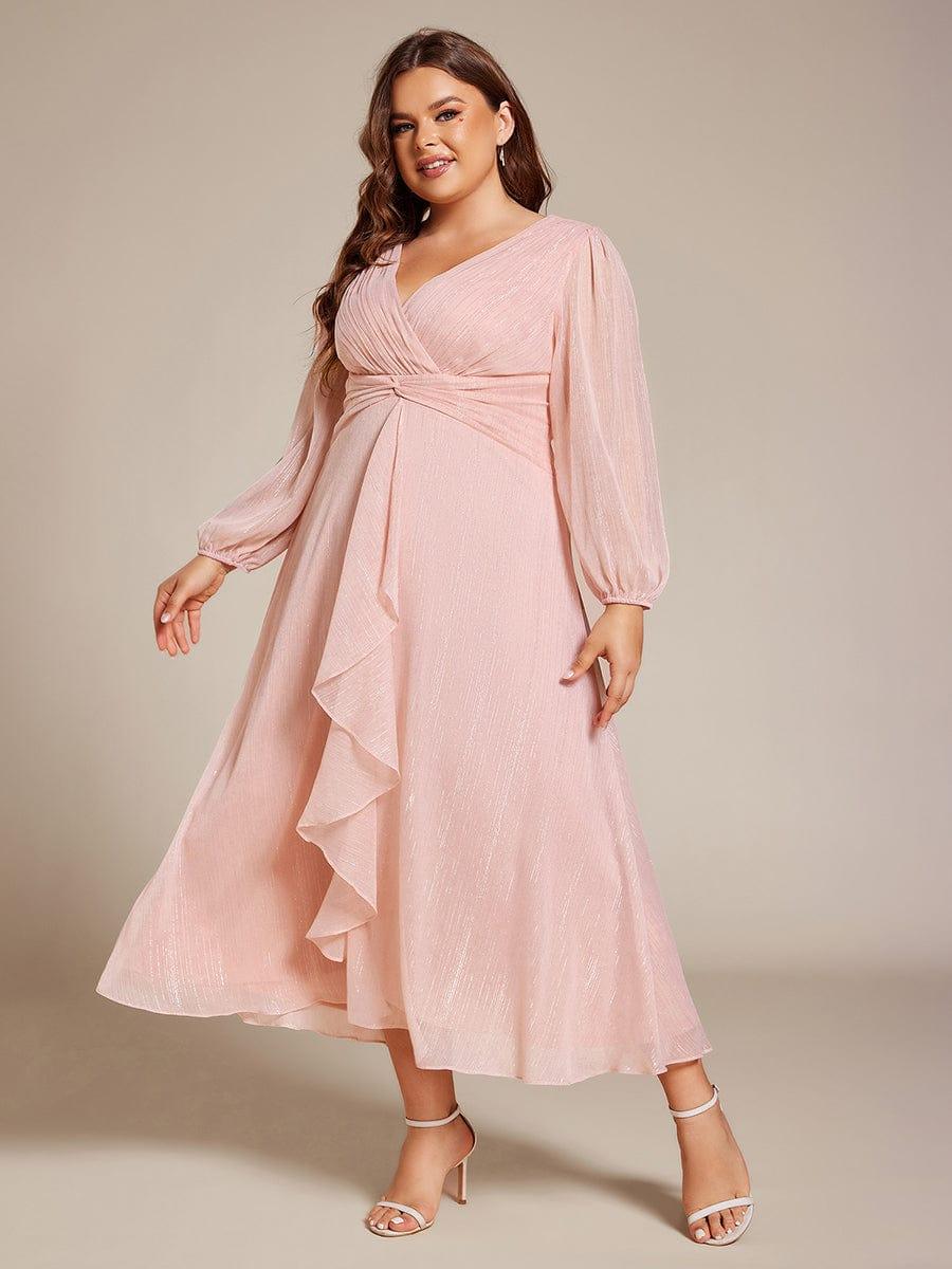 Chic Plus Size Long Sleeves A-Line V-Neck Evening Dress Tea-Length