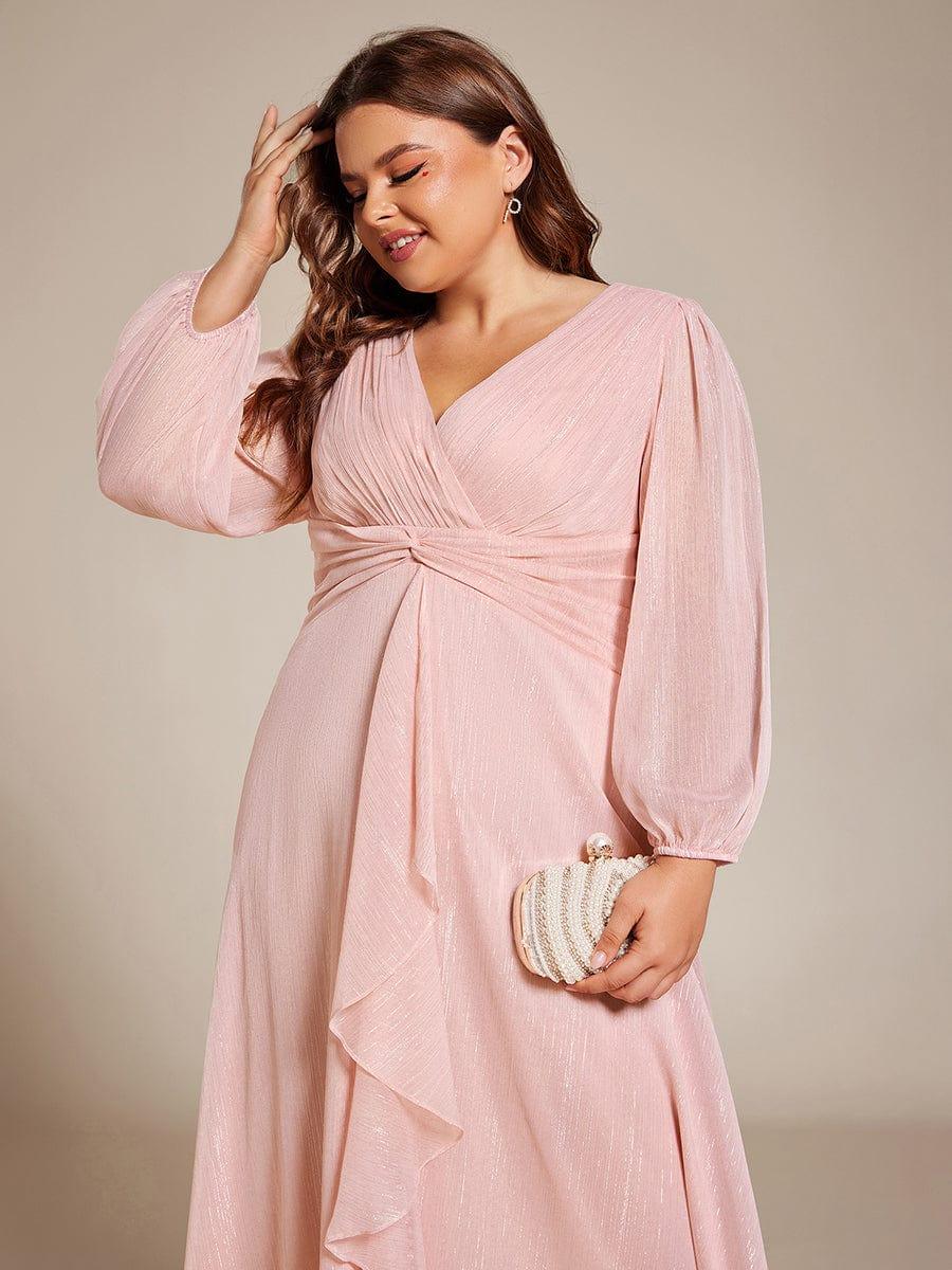 Chic Plus Size Long Sleeves A-Line V-Neck Evening Dress Tea-Length
