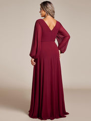 Classic Plus Size A-Line V-Neck Long Sleeves Chiffon Evening Dress