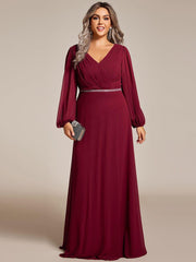Classic Plus Size A-Line V-Neck Long Sleeves Chiffon Evening Dress