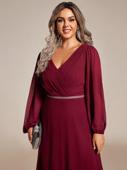 Classic Plus Size A-Line V-Neck Long Sleeves Chiffon Evening Dress