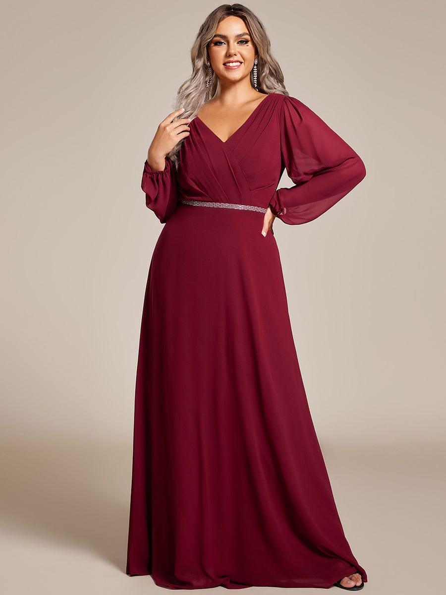 Classic Plus Size A-Line V-Neck Long Sleeves Chiffon Evening Dress