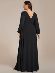 Classic Plus Size A-Line V-Neck Long Sleeves Chiffon Evening Dress