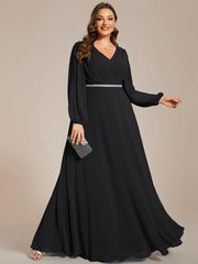 Classic Plus Size A-Line V-Neck Long Sleeves Chiffon Evening Dress
